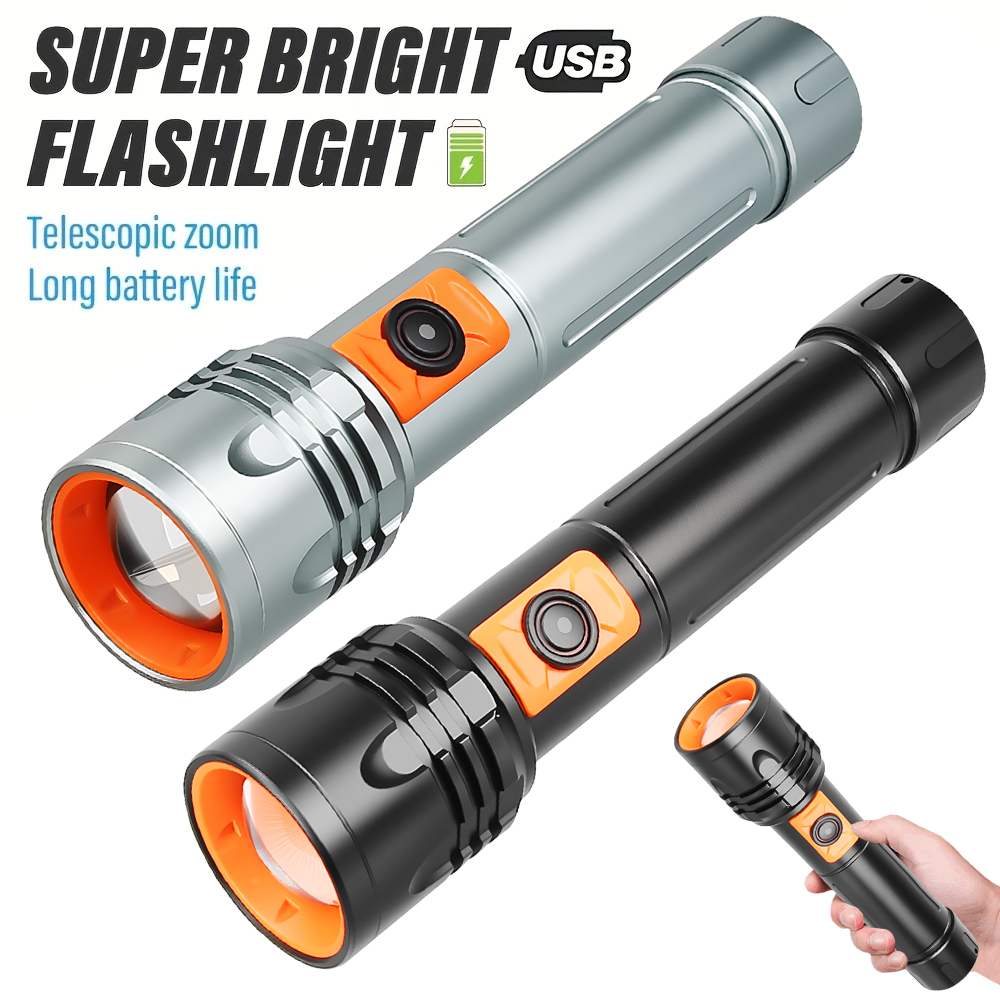 Outdoor Power Usb - ไฟฉาย LED พลังงานสูงไฟฉายแบบชาร์จไฟได้ USB พร้อมซูมแบบยืดไสลด์โคมไฟยุทธวิธีซุปเปอร์ไบรท์สำหรับตกปลาตั้งแคมป์กลางแจ้ง