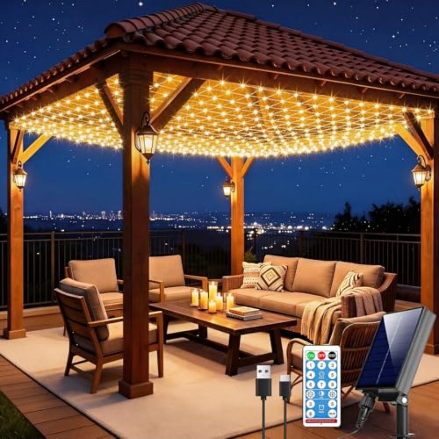 Outdoor Power For Gazebo - ไฟตาข่ายพลังงานแสงอาทิตย์, ไฟตาข่ายสำหรับศาลาขนาด 10x10 ฟุต สำหรับใช้งานกลางแจ้ง พร้อม