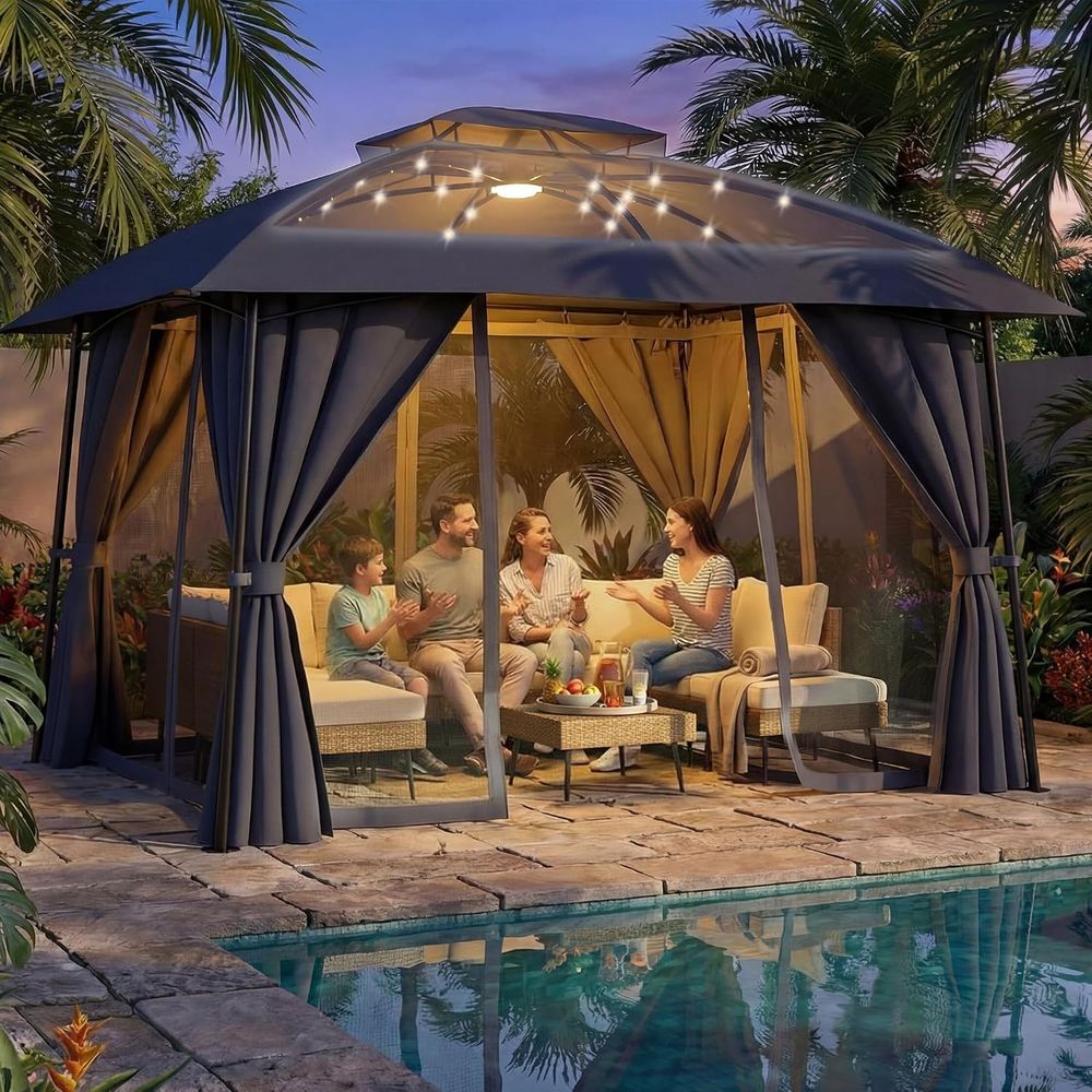 Outdoor Power For Gazebo - ศาลาพักผ่อนกลางแจ้งรุ่น 1012 พร้อมไฟ LED แบบใช้พลังงานแสงอาทิตย์, โครงสร้างโลหะแข็งแรงทนทานพร้อมหลังคาสองชั้น,