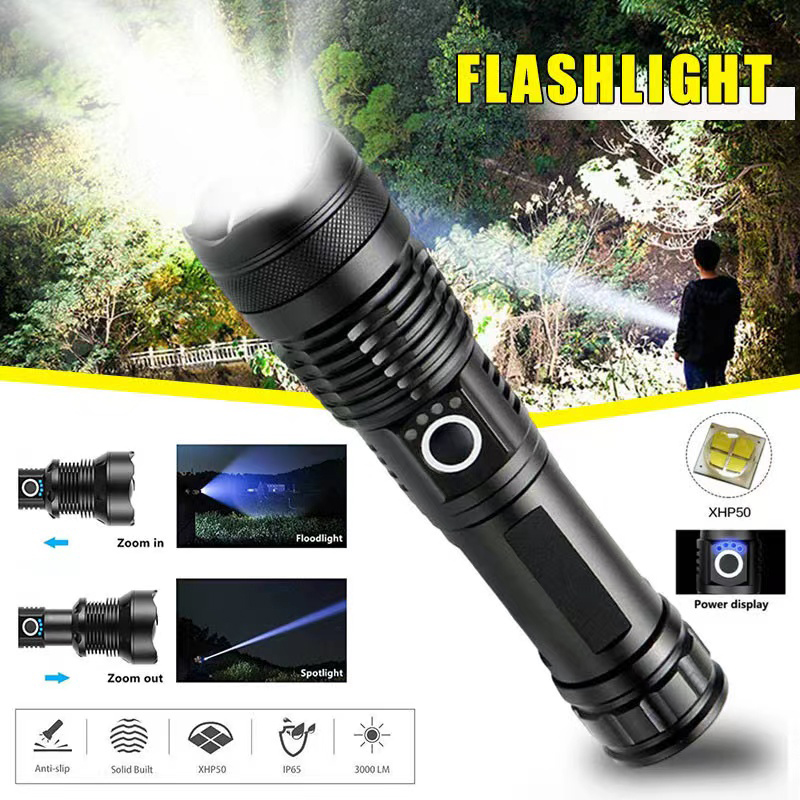 Outdoor Power Usb - ไฟฉาย LED กำลังสูง XHP70 USB-C ไฟฉายแบบชาร์จไฟได้ซูมได้โคมไฟมือกันน้ำสำหรับการตั้งแคมป์กลางแจ้งใช้ในกรณีฉุกเฉิน