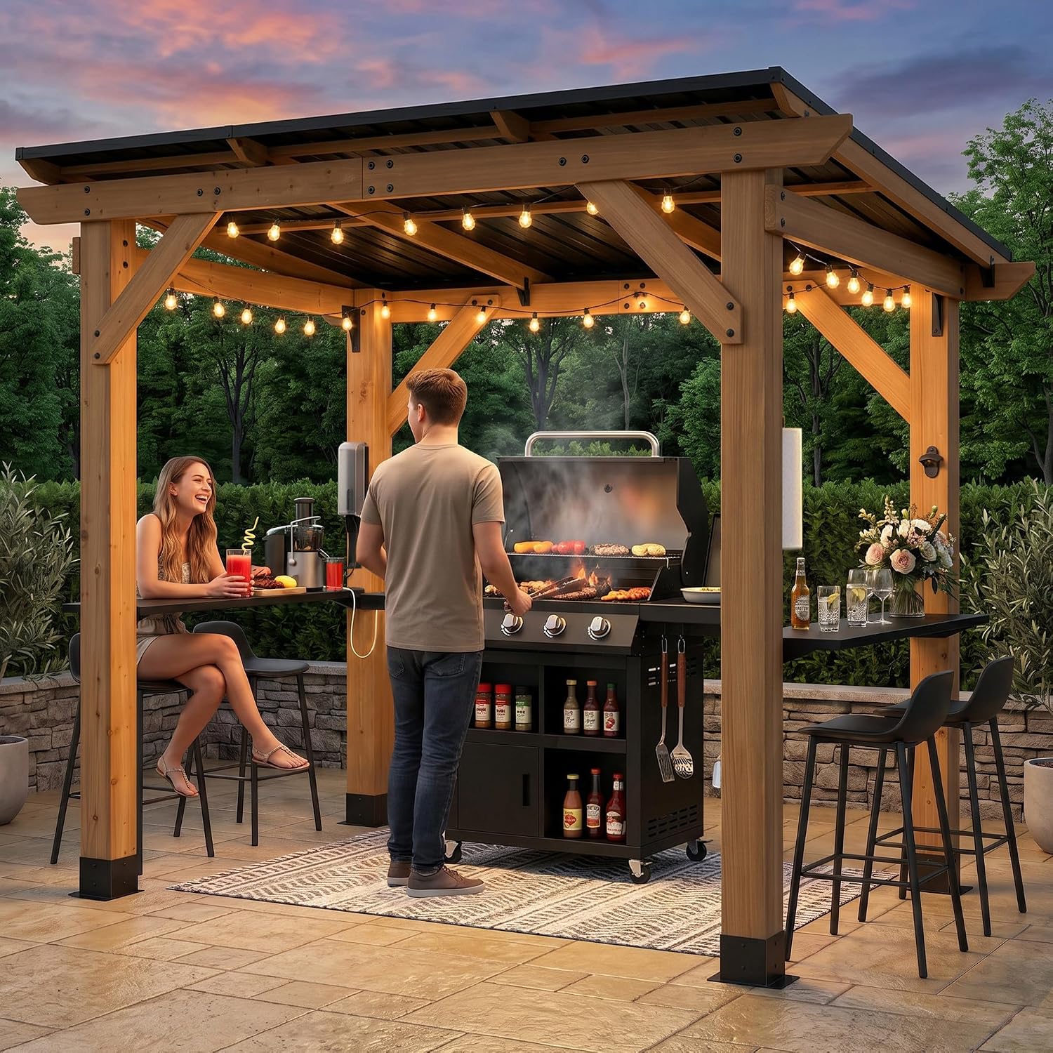 Outdoor Power For Gazebo - ศาลาปิ้งย่างไม้ซีดาร์ ขนาด 6x8 ฟุต พร้อมหลังคาแข็ง ช่องเสียบปลั๊กไฟ